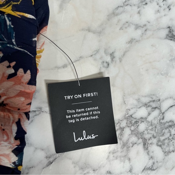 Lulus Stunning Soiree Navy Blue Floral Print Ruched Midi Dress Ruffles Medium - Picture 16 of 16